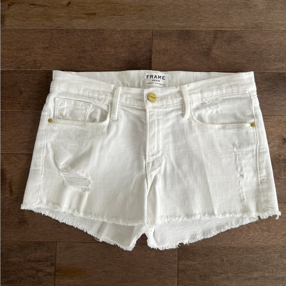 rame Denim White Frayed Hem Stretch Jean Shorts Mid-Rise – Size 27